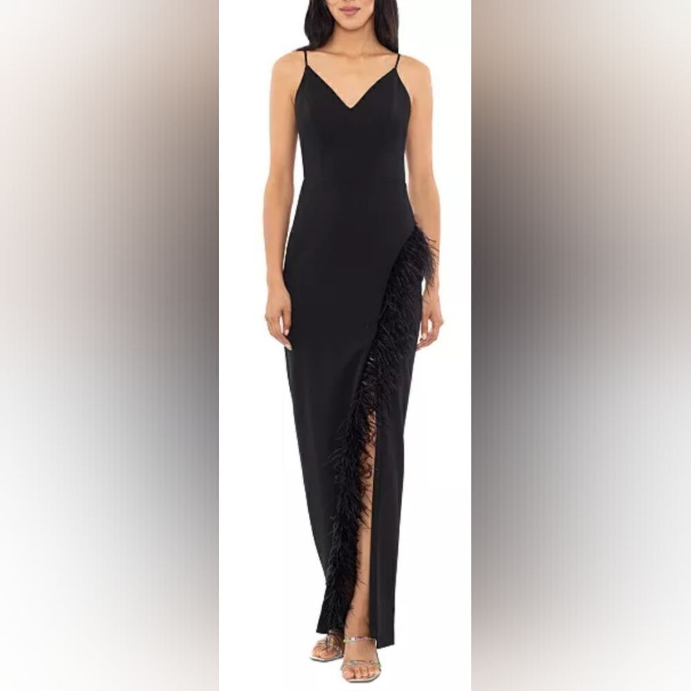XSCAPE V-Neck Feather-Trimmed High-Slit Gown NWOT size 4 Black